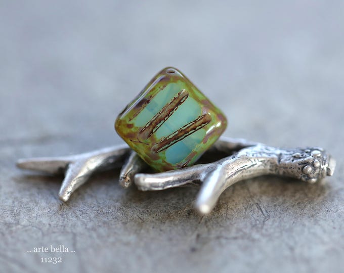 NEW .. LAGOON GROOVES .. 10 Premium Picasso Czech Glass Square Tile Bead Mix 10mm (11232-10) .. jewelry making supplies
