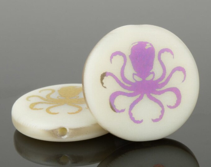 OCTOPUS COINS .. New 4 Premium Czech Glass Laser Etched Octopus Coin Beads 17mm (10436-4)