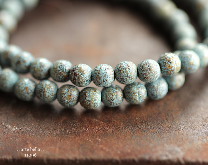 BLUE EARTH MARBLES .. New 30 Premium Picasso Czech Glass Etched Druk Beads (11096-st) .. jewelry supplies