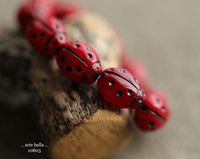 RED OPALINE LADYBUGS .. New 10 Premium Czech Glass Ladybug Beads 10x7mm (10803-st) .. jewelry supplies