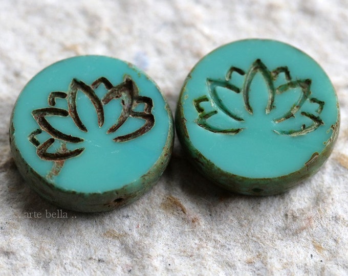 TURQUOISE LOTUS BLOOMS .. 4 Premium Picasso Czech Glass Lotus Coin Beads 18mm (6339-4) .. jewelry supplies