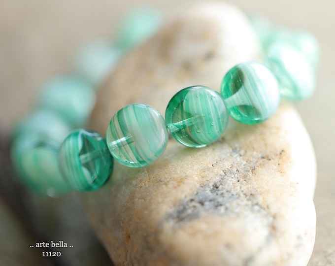 premium glass beads .. WINTERGREEN STRIPES .. New 15 Czech Glass Lentil Bead Mix 10mm (11120-st) .. jewelry supplies
