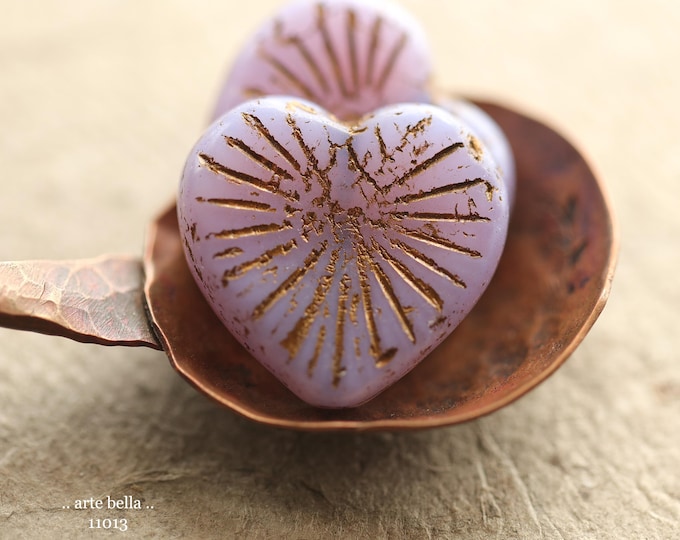 BRONZED THISTLE FLAMING Hearts .. New 2 Premium Czech Matte Glass Heart Beads 22mm (11013-2) .. jewelry supplies