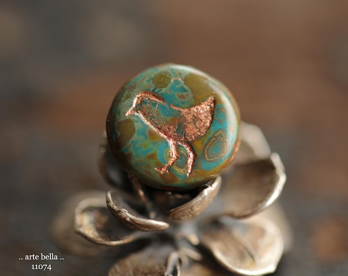 COPPERED CERULEAN LIL' Chicks .. New 10 Premium Picasso Czech Glass Bird Coin Bead Mix 12mm (11075-10) .. jewelry supplies