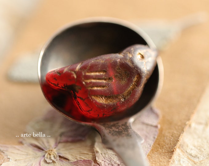 GOLDEN CARDINAL CHIRPS .. 6 Premium Matte Czech Glass Bird Beads 11x22mm (9584-6)