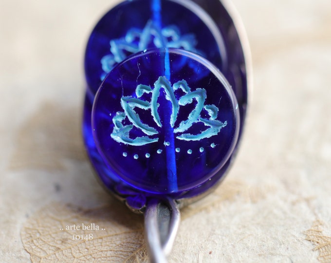 COBALT LOTUS BLOOMS .. 4 Premium Czech Glass Lotus Coin Beads 18mm (10148-4)