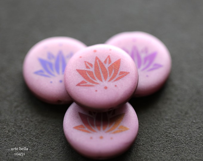 PINK LOTUS COINS .. New 4 Premium Matte Czech Glass Laser Etched Lotus Coin Bead Mix 17mm (10451-4)