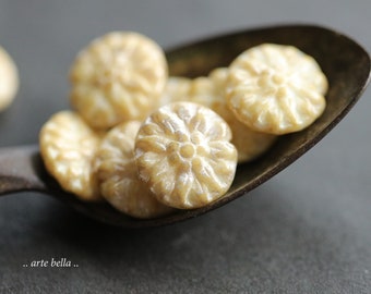 SILVERED CREAM DAHLIAS .. 10 Premium Picasso Czech Glass Dahlia Flower Beads 14mm (5922-st) .. jewelry supplies