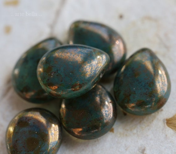 6 Premium Picasso Czech Teardrop Beads 16x12mm sale . BRONZE OCEANIC PEARS . 3368-6