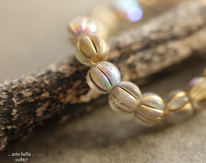 back in stock .. MYSTIC GOLDEN MELONS 8mm .. 20 Premium Large Hole Czech Glass Melon Beads (10867-st) .. jewelry supplies