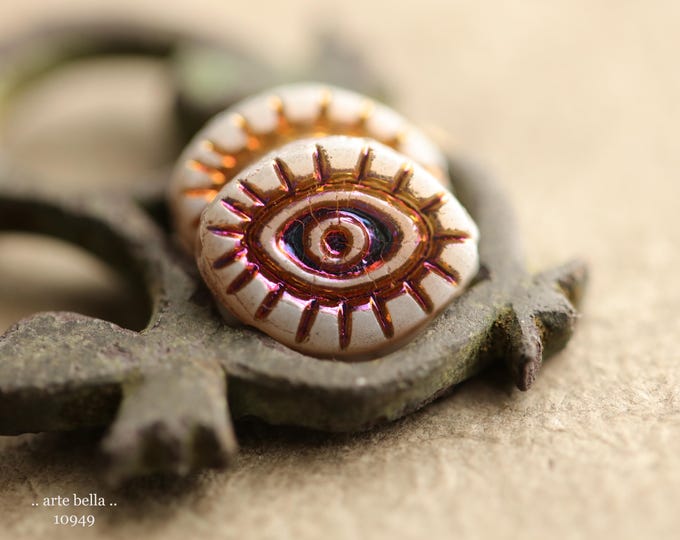 MYSTIC WHITE PEEPERS .. New 6 Premium Matte Czech Glass Mystic Eye Beads 14x11mm (10949-6) .. jewelry supplies