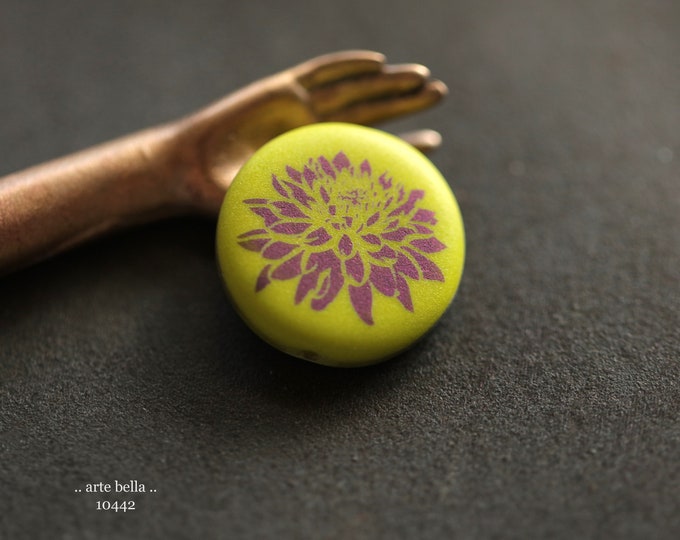 CHARTREUSE DAHLIA COINS .. New 4 Premium Matte Czech Glass Laser Etched Dahlia Coin Bead Mix 17mm (10442-4)