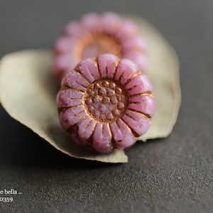 COPPERED PINK SUNFLOWERS .. New 6 Premium Czech Glass Flower Beads 13mm 10359-6 .. jewelry supplies image 1