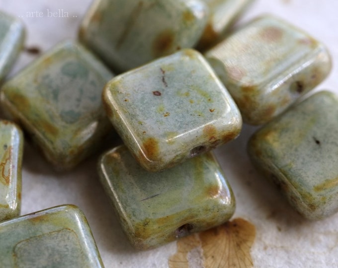 MEADOW TILES .. 15 Premium Picasso Czech Glass Square Tile Beads 10.5mm  (7726-st) .. jewelry supplies