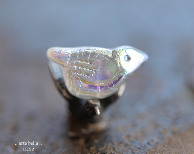 premium glass beads .. MYSTIC SILVER CHIRPS .. New 6 Czech Glass Bird Beads 11x22mm (11122-st) .. jewelry supplies