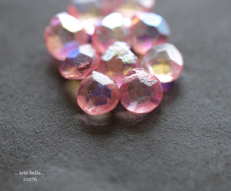 PINK PRINCESS DROPS .. New 10 Premium Rustic Etched Czech Glass Faceted Briolette Beads 10x9mm 10276-10 image 6