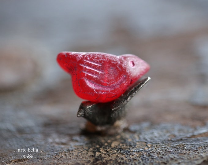 Matte PINK CARDINAL CHIRPS .. 6 Premium Matte Czech Glass Bird Beads 11x22mm (9585-6)