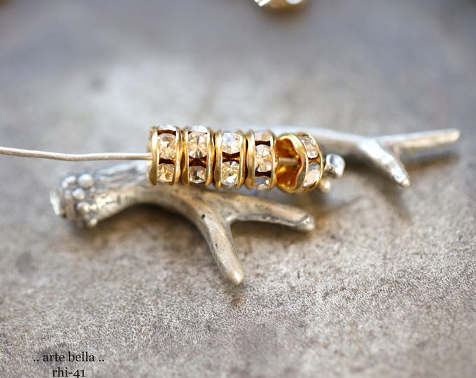 NEW .. 10 Premium Czech 5mm Gold Metal Clear Crystal Rhinestone Rondelles (rhi-41/10) .. jewelry making supplies