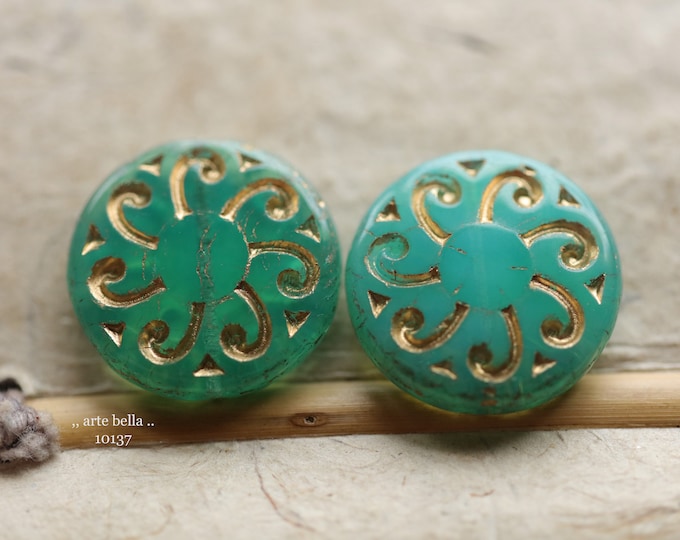 premium glass beads .. GOLDEN OCEAN SUNS .. 2 Czech Glass Floral Sun Coin Bead 23mm (10137-2) .. jewelry supplies
