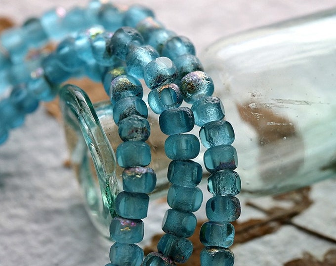 MYSTIC AQUA SEEDS .. 50 Premium Etched Czech Glass Trica Seed Bead Size 6/0 (7561-st)