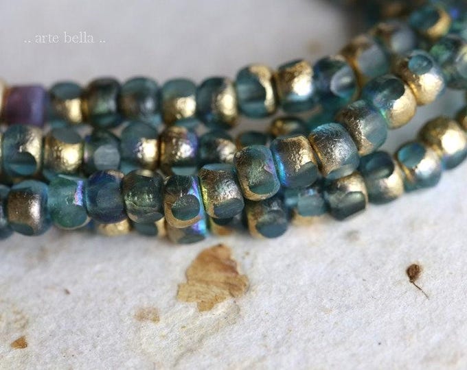 back in stock .. GOLDEN AQUA SEEDS .. 50 Etched Czech Glass Trica Seed Bead Size 6/0 (7555-st) .. jewelry supplies