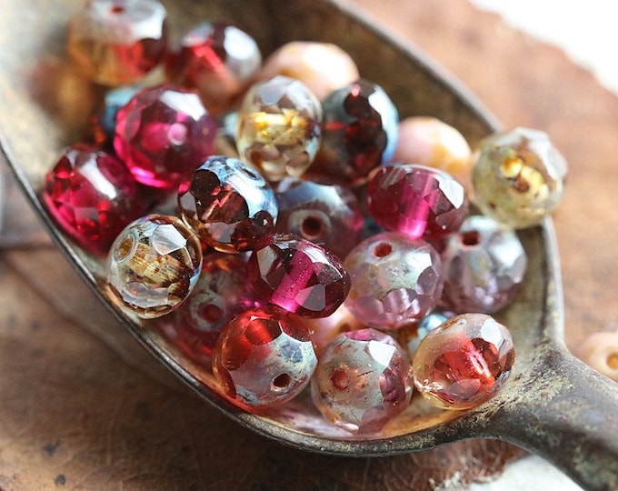 ROSE WATER PEBBLES .. 30 Premium Picasso Czech Glass Faceted Rondelle Mix Beads 5x7mm (6842-30) .. jewelry supplies