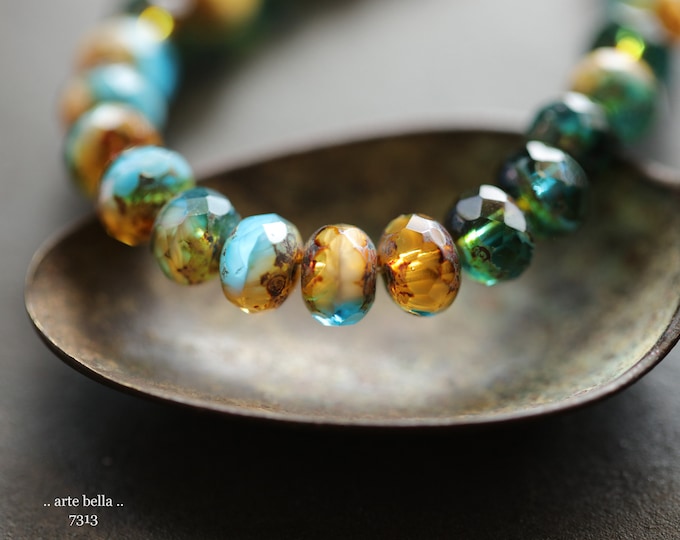 CARAMEL SKY PEBBLES .. 25 Premium Picasso Czech Glass Faceted Rondelle Beads 5x7mm (7313-st) .. jewelry supplies