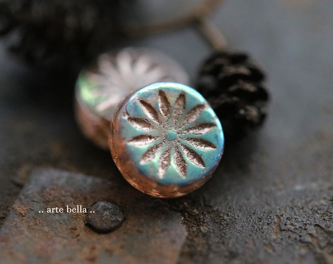 MYSTIC BLUSH ASTER .. 6 Premium Czech Glass Aster Flower Coin Beads 12mm (9632-6) .. jewelry supplies