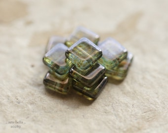 EARTHY PINE SQUARES .. New 10 Premium Picasso Czech Glass Square Beads 9mm (10289-10)