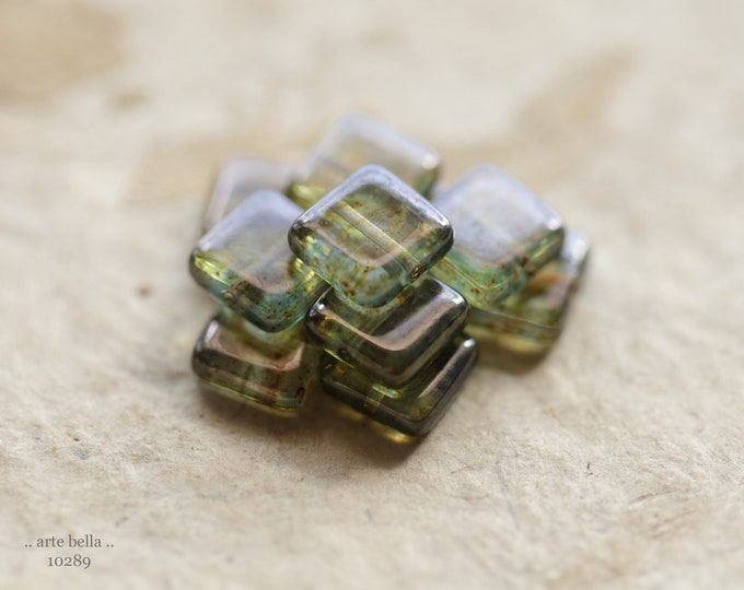 EARTHY PINE SQUARES .. 10 Premium Picasso Czech Glass Square Beads 9mm (10289-10) .. jewelry supplies