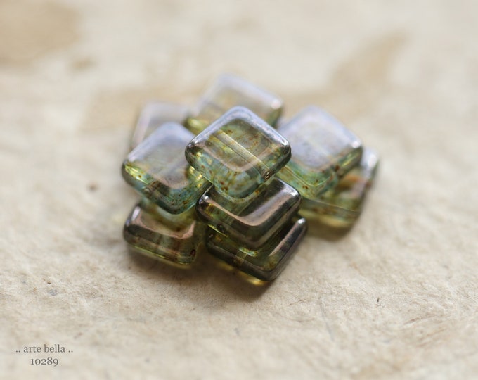 EARTHY PINE SQUARES .. New 10 Premium Picasso Czech Glass Square Beads 9mm (10289-10) .. jewelry supplies