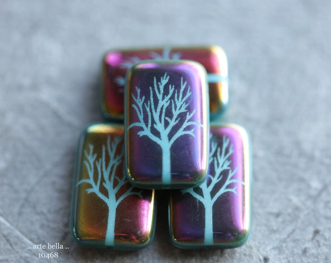 TURQUOISE TREE REX No. 1 .. 4 Premium Czech Glass Laser Etched Tree Rectangle Bead Mix 19x12mm (10468-4) .. jewelry supplies