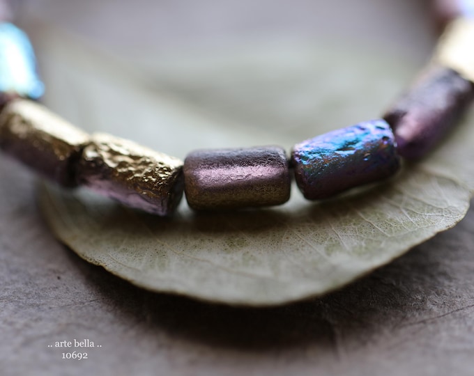 GOLDEN MYSTIC GRAPE Bebe Tubes .. 16 Premium Czech Etched Glass Tube Beads 9x5mm (10692-st) .. jewelry supplies