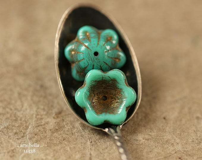 New .. BRONZED TURQUOISE WHIMSY .. 10 Premium Czech Glass Bellflower Beads 14x6mm (11438-10) .. jewelry supplies