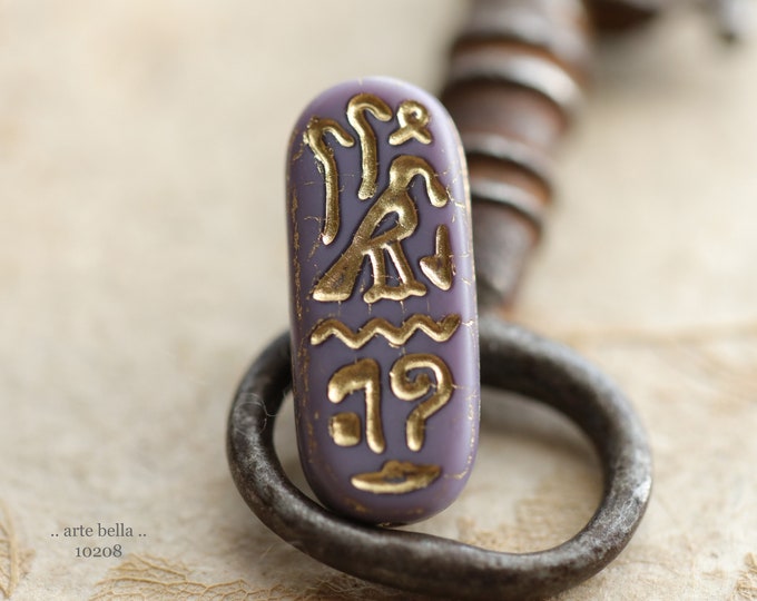 GOLDEN LAVENDER EGYPTIAN Cartouche .. 6 Premium Matte Czech Glass Tablet Beads 25x10mm (10208-st) .. jewelry supplies