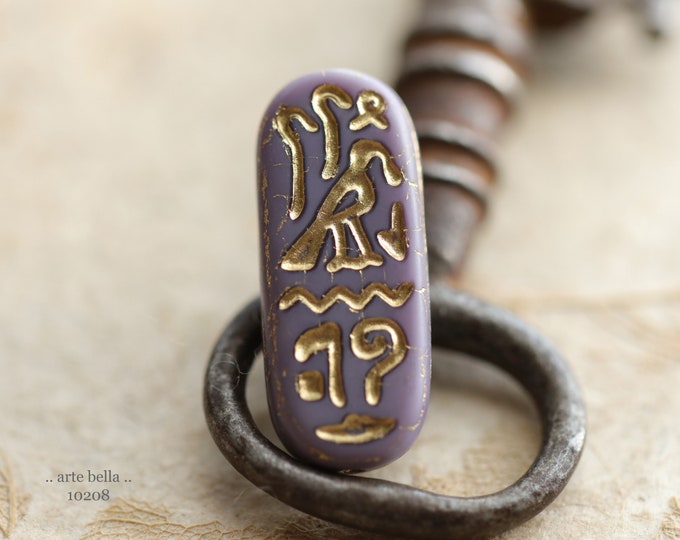 GOLDEN LAVENDER EGYPTIAN Cartouche .. New 6 Premium Matte Czech Glass Tablet Beads 25x10mm (10208-st)