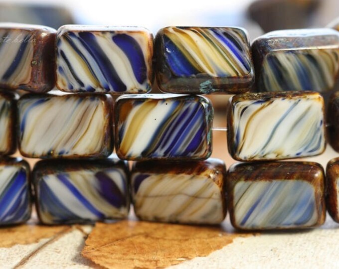 COBALT CREAM ROYALS .. 15 Premium Picasso Czech Glass Rectangle Beads 12x8.5mm (B1033-st) .. jewelry supplies