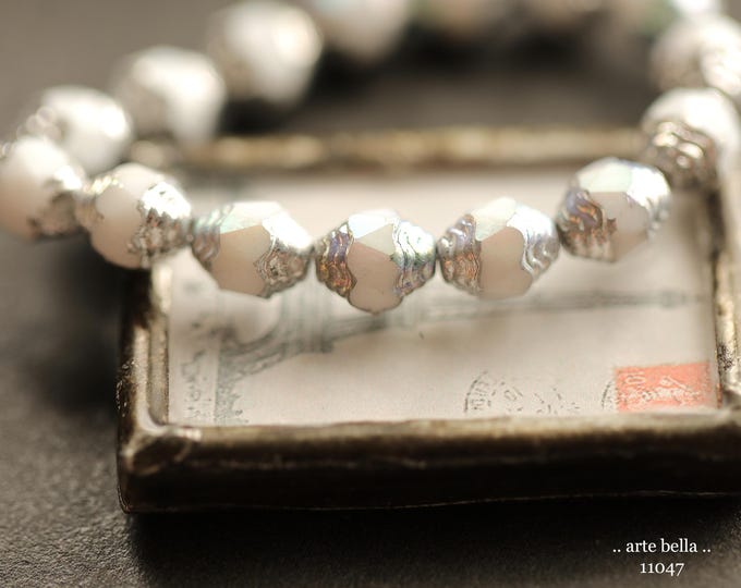 MYSTIC SILVERED WHITE Lanterns .. New 15 Premium Matte Czech Glass Carved Cathedral Oval Beads 8x6mm (11047-st) .. jewelry supplies