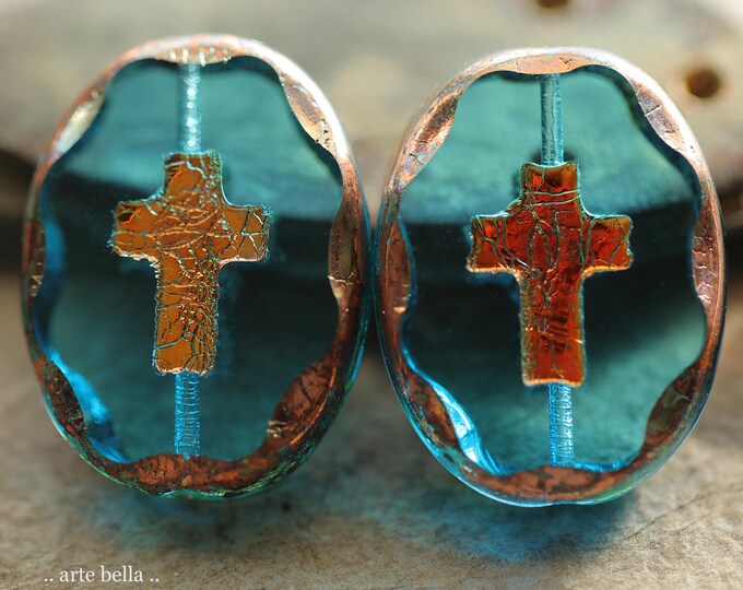 New .. AQUA SUNSET CROSSES .. 2 Premium Czech Glass Oval Cross Bead Mix 25x19mm (11172-2) .. jewelry making supplies