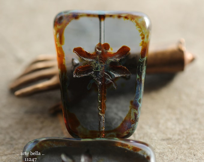 New .. EARTHY MONTANA DRAGONFLIES .. 2 Premium Picasso Czech Glass Dragonfly Bead/Pendants 28x20mm (11247-2) .. jewelry supplies