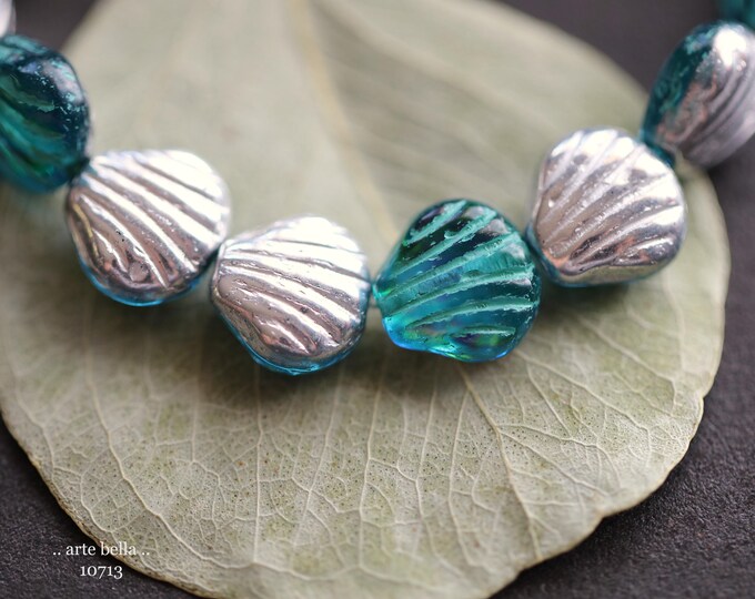 SILVERED GREEN Bebe SHELLS .. New 15 Premium Czech Glass Shell Beads 9mm (10713-st) .. jewelry supplies