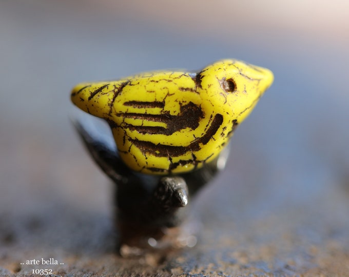 Matte BRONZED CANARY CHIRPS .. 6 Premium Czech Glass Bird Beads 11x22mm (10352-st) .. jewelry supplies
