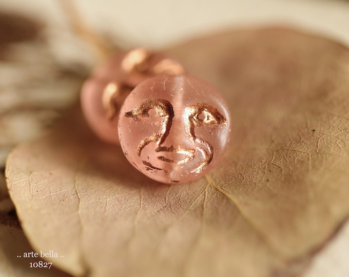 COPPERED BLUSH MOONS .. 6 Premium Matte Czech Glass Moon Face Beads 13mm (10827-6) .. jewelry supplies
