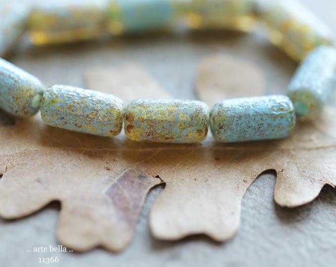 New .. BLUE HONEY TUBES .. 10 Premium Picasso Czech Etched Glass Tube Beads 14x7mm (11366-st) .. jewelry supplies