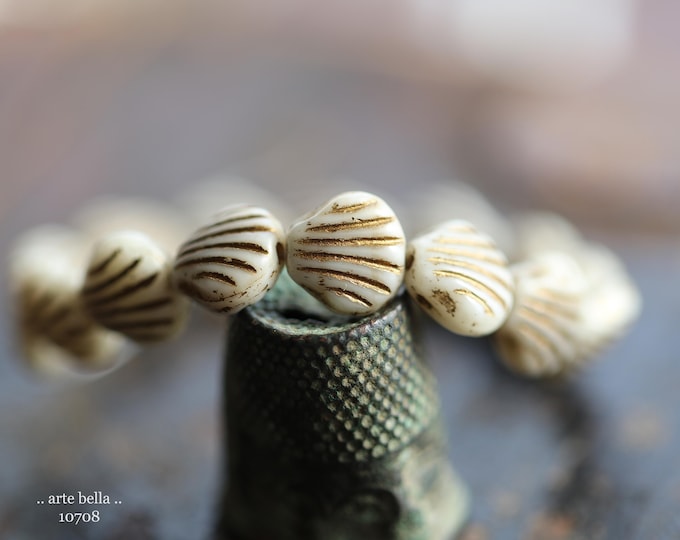 GOLDEN IVORY Bebe SHELLS .. 15 Premium Czech Glass Shell Beads 9mm (10708-st) .. jewelry supplies