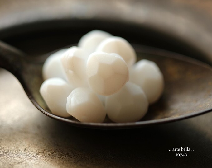 SIMPLY SNOW DROPS .. New 10 Premium Rustic Etched Czech Glass Faceted Briolette Beads 10x9mm (10740-10) .. jewelry supplies