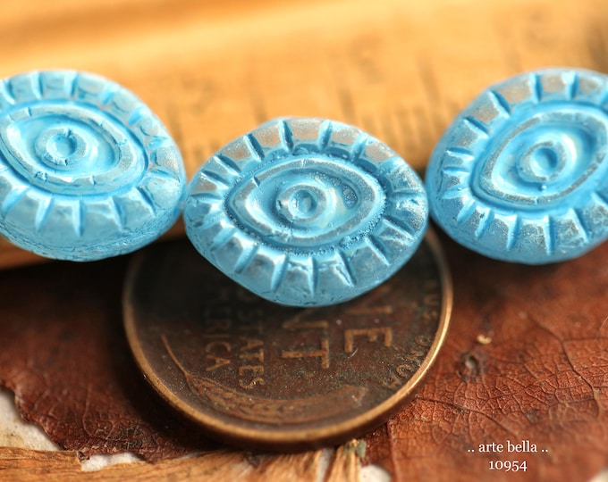 BLUE SKY PEEPERS .. 6 Premium Matte Czech Glass Mystic Eye Beads 14x11mm (10954-6) .. jewelry supplies