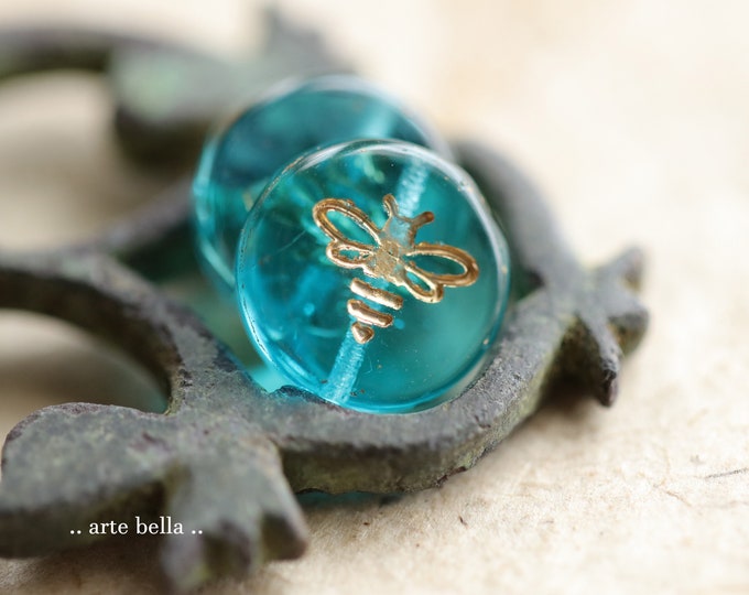 GOLDEN AQUA BIZZY B No. 2 .. 6 Premium Czech Glass Bee Coin Beads 12mm (9944-6) .. jewelry supplies