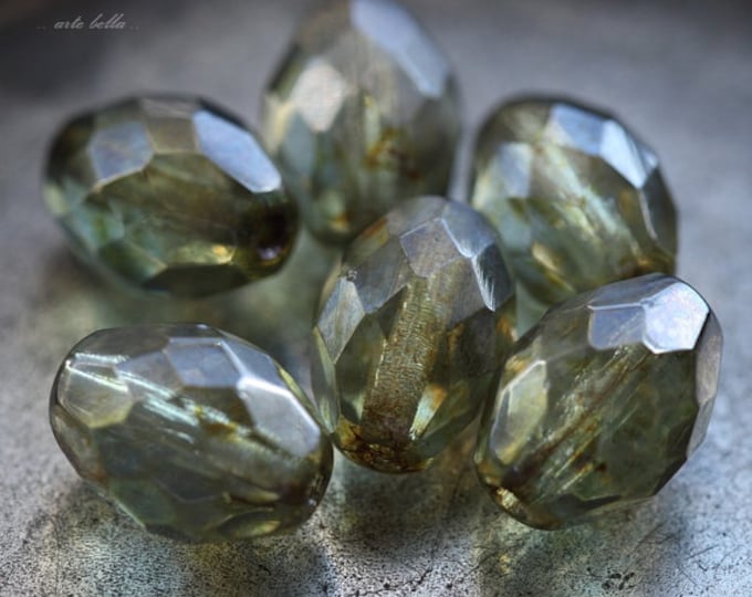 premium glass beads .. PLUMP PINE OLIVES .. 10 Luster Picasso Czech Glass Green Faceted Oval Beads 13x10mm (2131-10) .. jewelry supplies