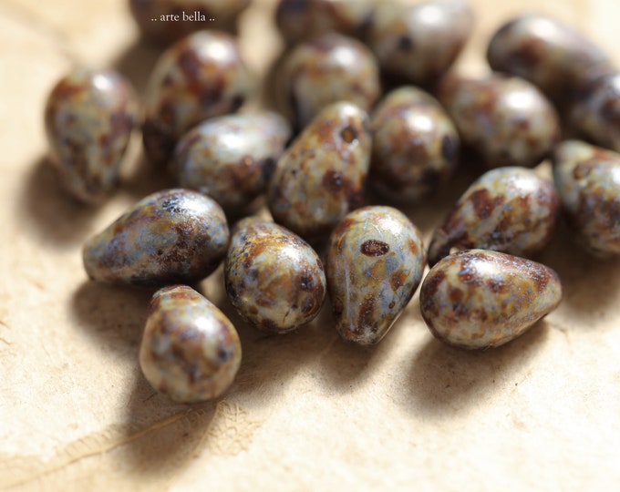 BLUE STONE DROPS .. 20 Premium Picasso Czech Glass Drop Beads 6x9mm (9047-20)